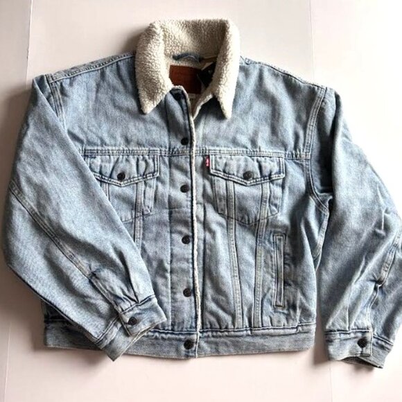 Levi's 90s Cozy Trucker Jacket Sherpa Fleece Lined Denim Womens M - Picture 5 of 10